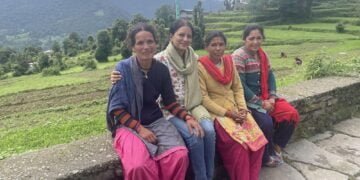 Manisha Pande (second from left) with residents of Supi village in Uttarakhand, which is part of the Village Ways programme