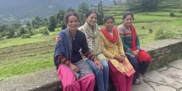 Manisha Pande (second from left) with residents of Supi village in Uttarakhand, which is part of the Village Ways programme